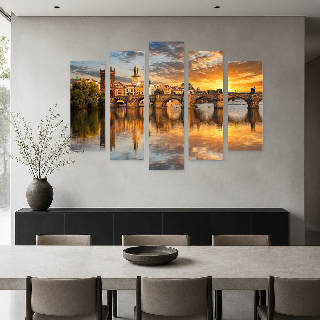 Charles Bridge in Serene Light — five-panel wall art in alternate frontal interior | 5wallart 55975 M4