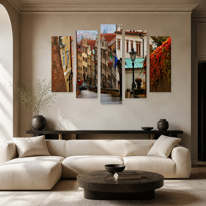 Street in the Old Town in Vivid Color — five-panel wall art in frontal interior | 5wallart 55977 M3
