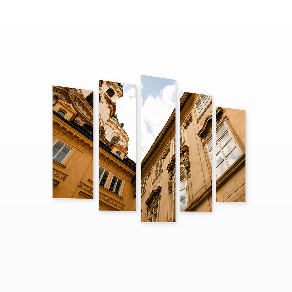Old Buildings in Prague in Serene Light — five-panel wall art on white background in perspective | 5wallart 55978 M1