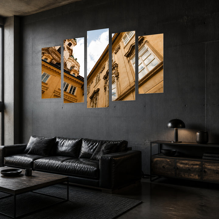 Old Buildings in Prague in Serene Light — five-panel wall art in perspective interior | 5wallart 55978 M2