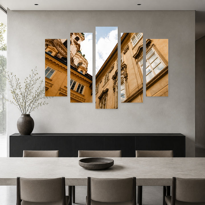 Old Buildings in Prague in Serene Light — five-panel wall art in frontal interior | 5wallart 55978 M3