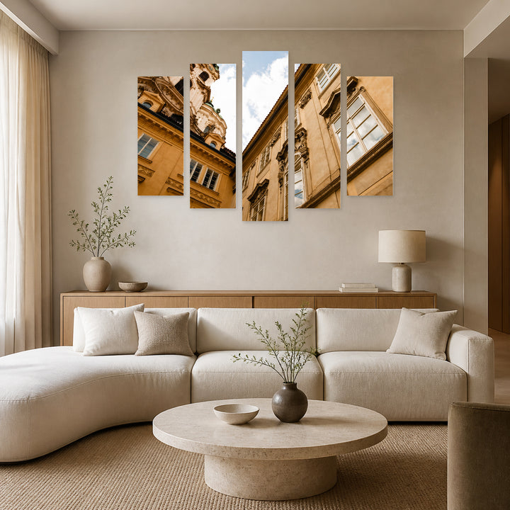 Old Buildings in Prague in Serene Light — five-panel wall art in alternate frontal interior | 5wallart 55978 M4