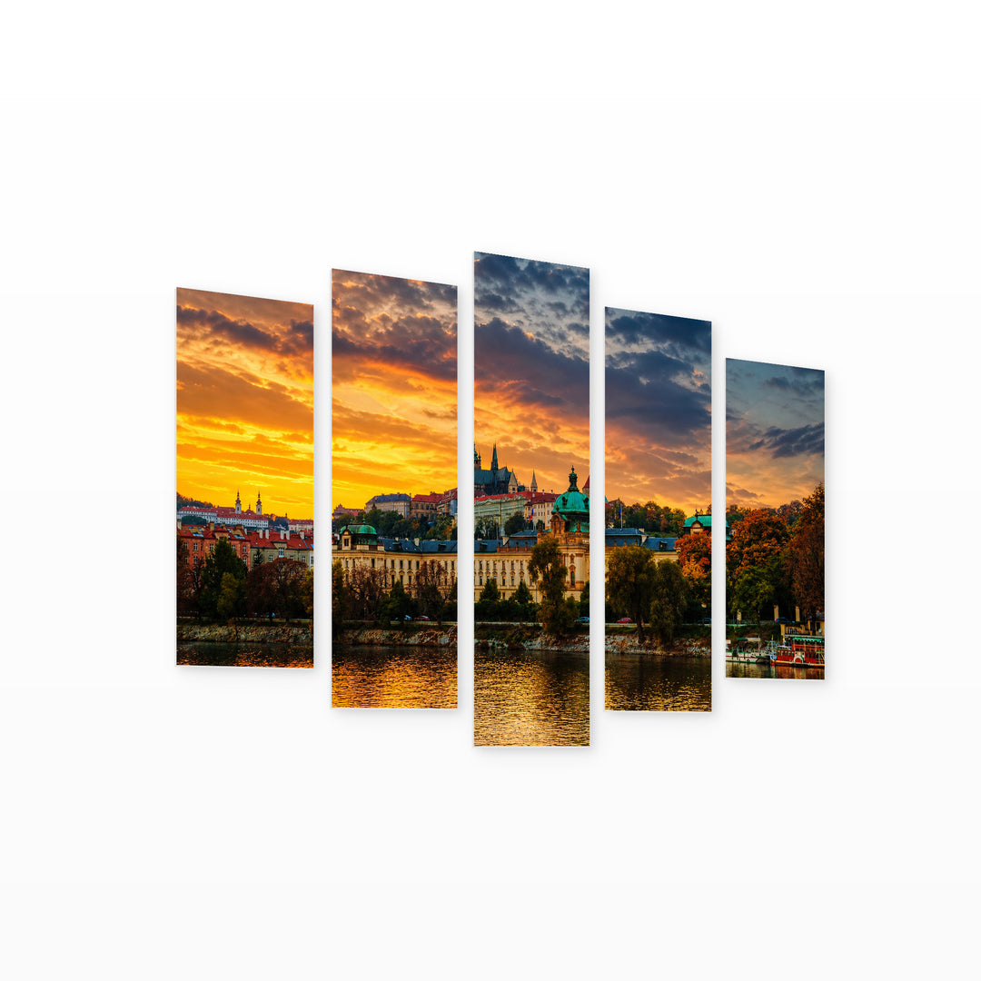 View of Old Prague in Blue and Gold — five-panel wall art on white background in perspective | 5wallart 55979 M1