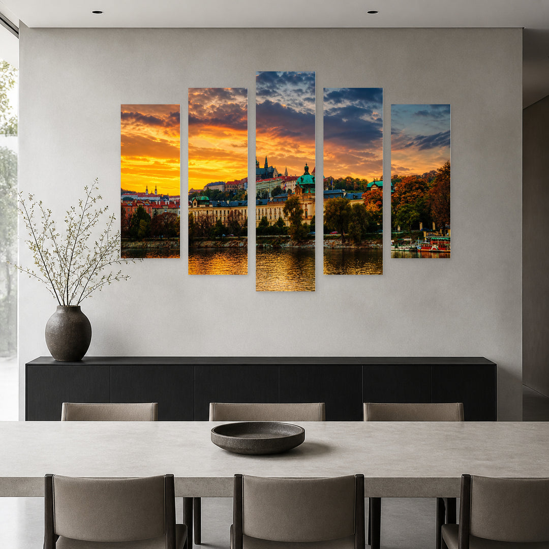 View of Old Prague in Blue and Gold — five-panel wall art in alternate frontal interior | 5wallart 55979 M4