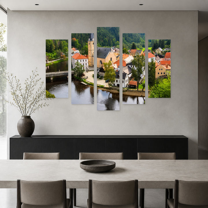 Rosenberg with Geometric Rhythm — five-panel wall art in frontal interior | 5wallart 55980 M3