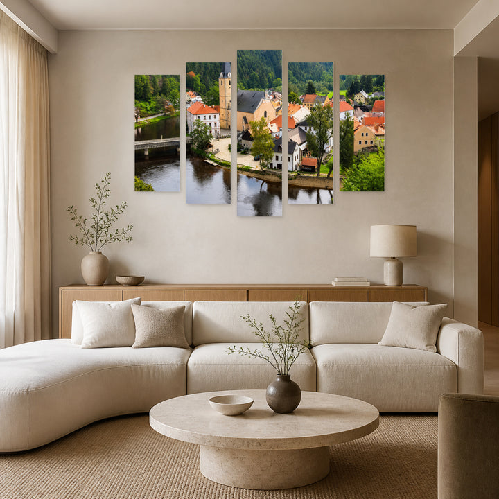Rosenberg with Geometric Rhythm — five-panel wall art in alternate frontal interior | 5wallart 55980 M4
