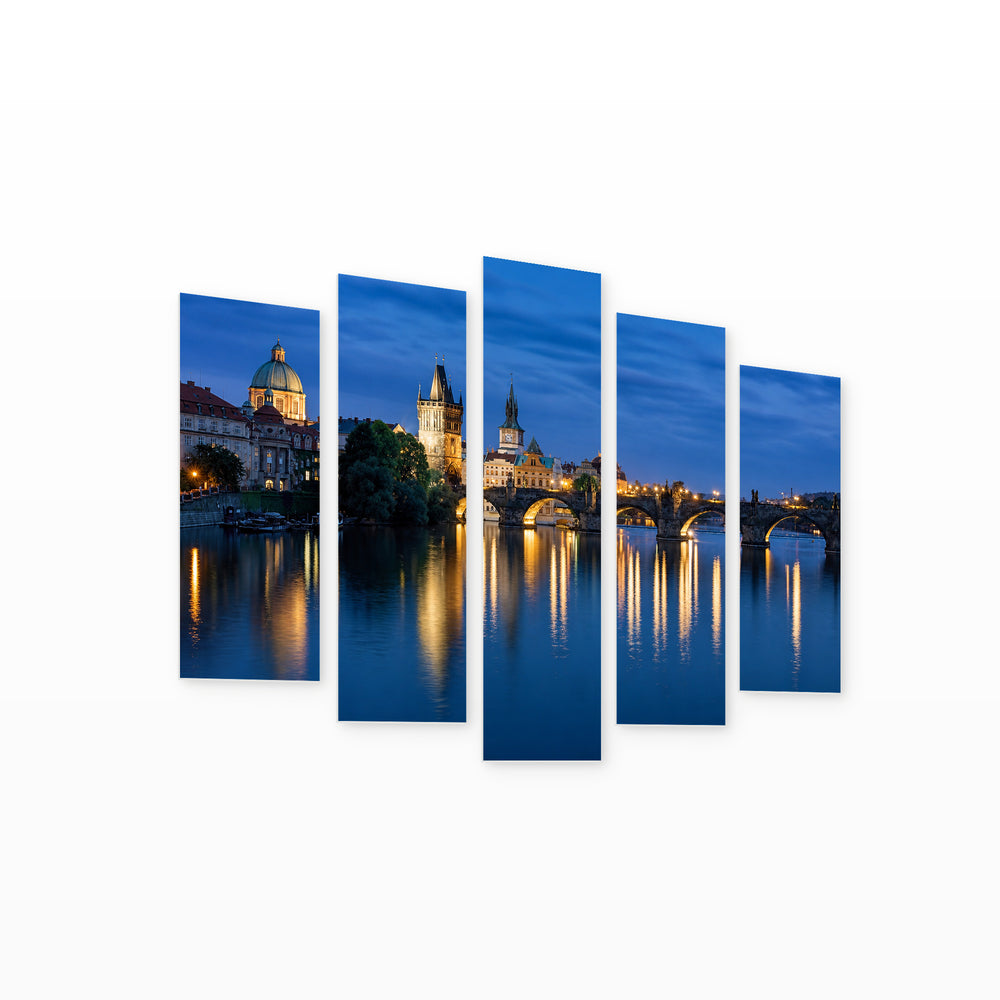 Golden Sunset over Charles Bridge — five-panel wall art on white background in perspective | 5wallart 55981 M1