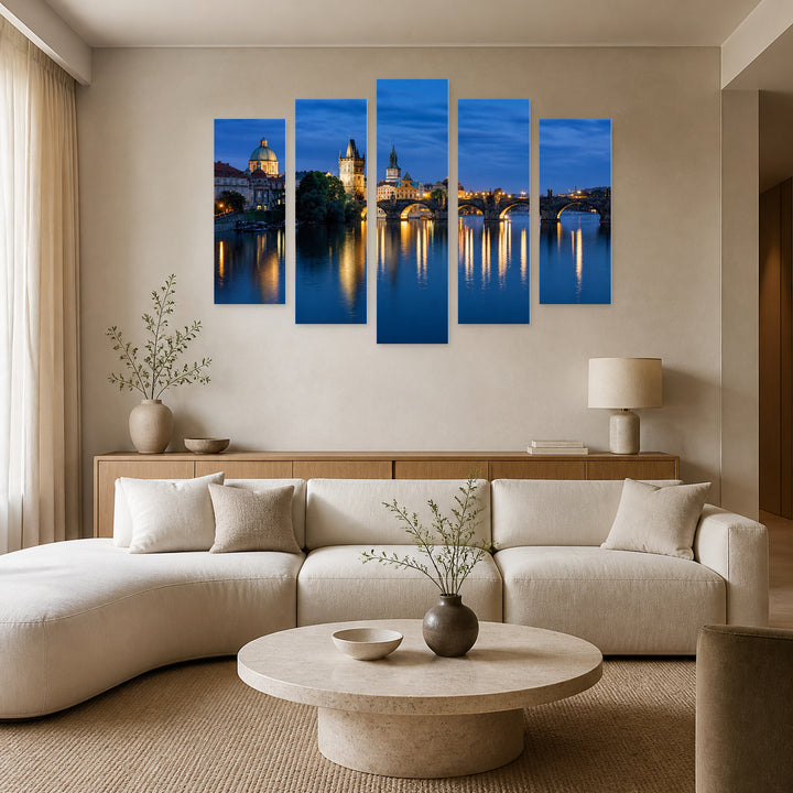 Golden Sunset over Charles Bridge — five-panel wall art in frontal interior | 5wallart 55981 M3
