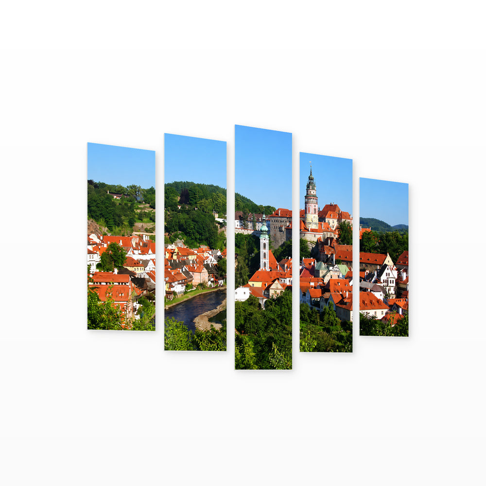 Historic Town of Český Krumlov in Serene Light — five-panel wall art on white background in perspective | 5wallart 55982 M1