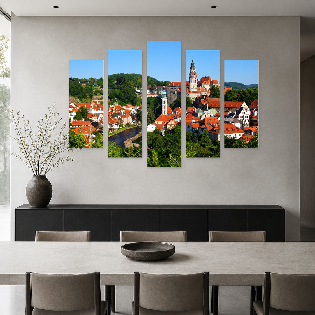 Historic Town of Český Krumlov in Serene Light — five-panel wall art in frontal interior | 5wallart 55982 M3
