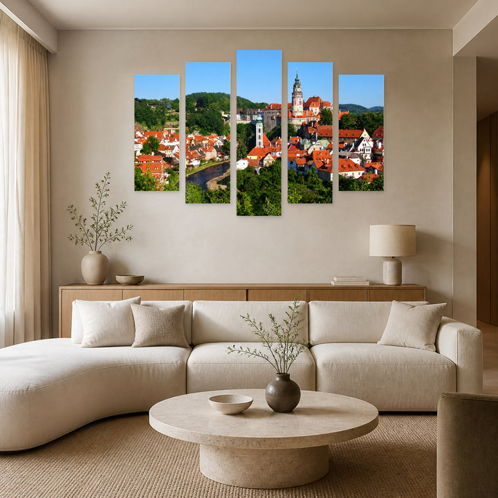Historic Town of Český Krumlov in Serene Light — five-panel wall art in alternate frontal interior | 5wallart 55982 M4