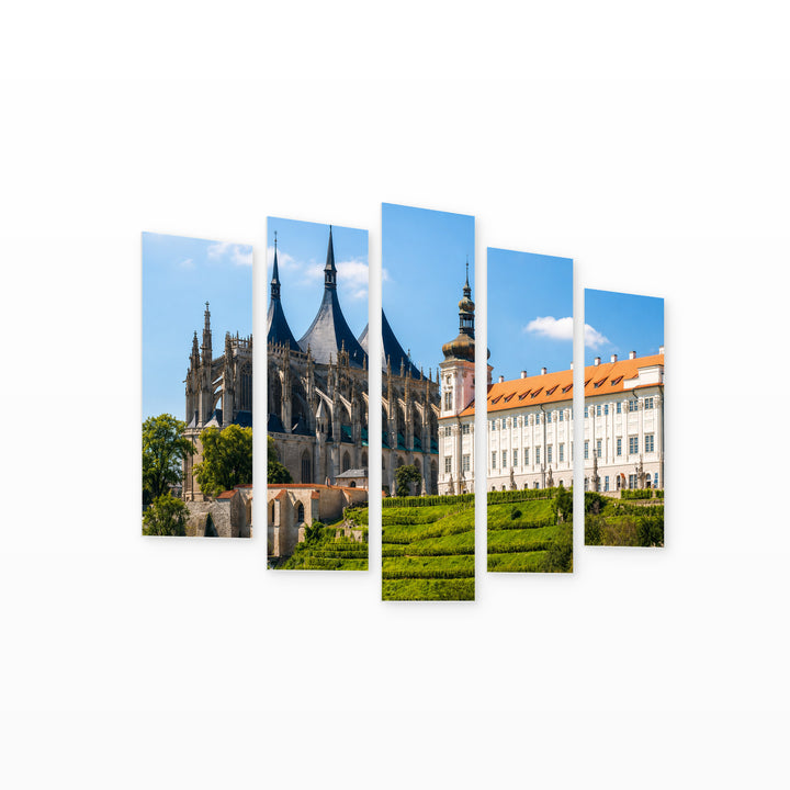 Church of St. Barbara in Blue and Gold — five-panel wall art on white background in perspective | 5wallart 55983 M1