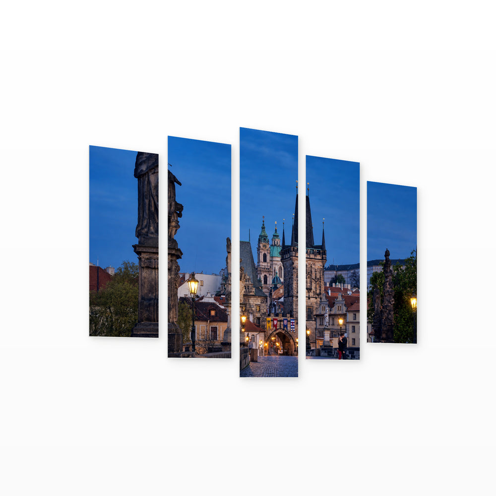 Charles Bridge in Prague with Dreamlike Atmosphere — five-panel wall art on white background in perspective | 5wallart 55984 M1