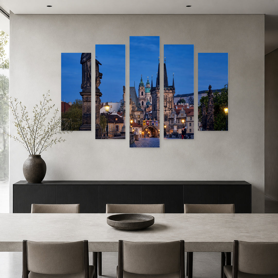 Charles Bridge in Prague with Dreamlike Atmosphere — five-panel wall art in frontal interior | 5wallart 55984 M3