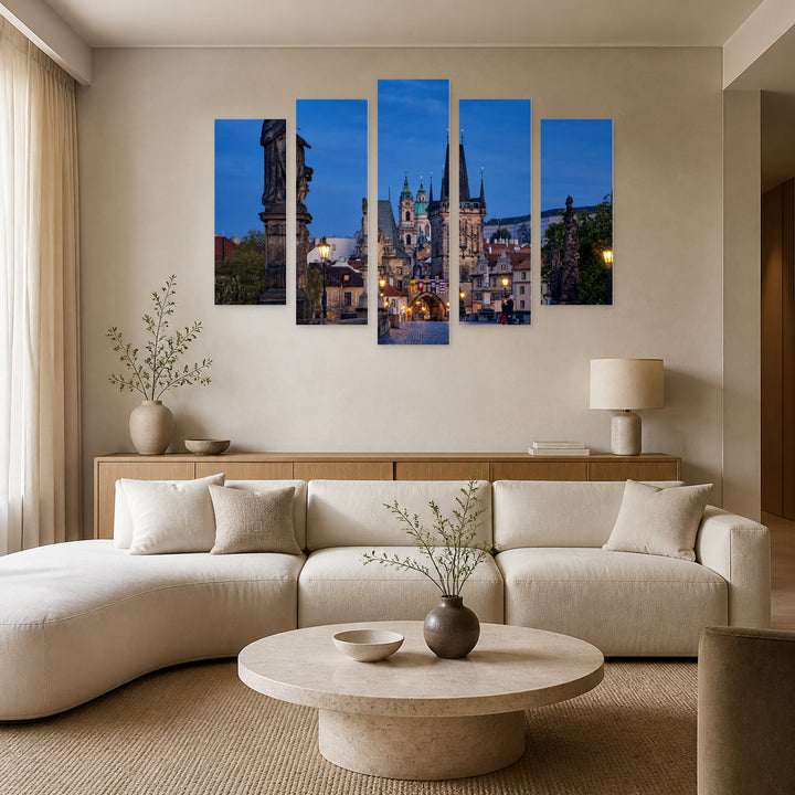 Charles Bridge in Prague with Dreamlike Atmosphere — five-panel wall art in alternate frontal interior | 5wallart 55984 M4