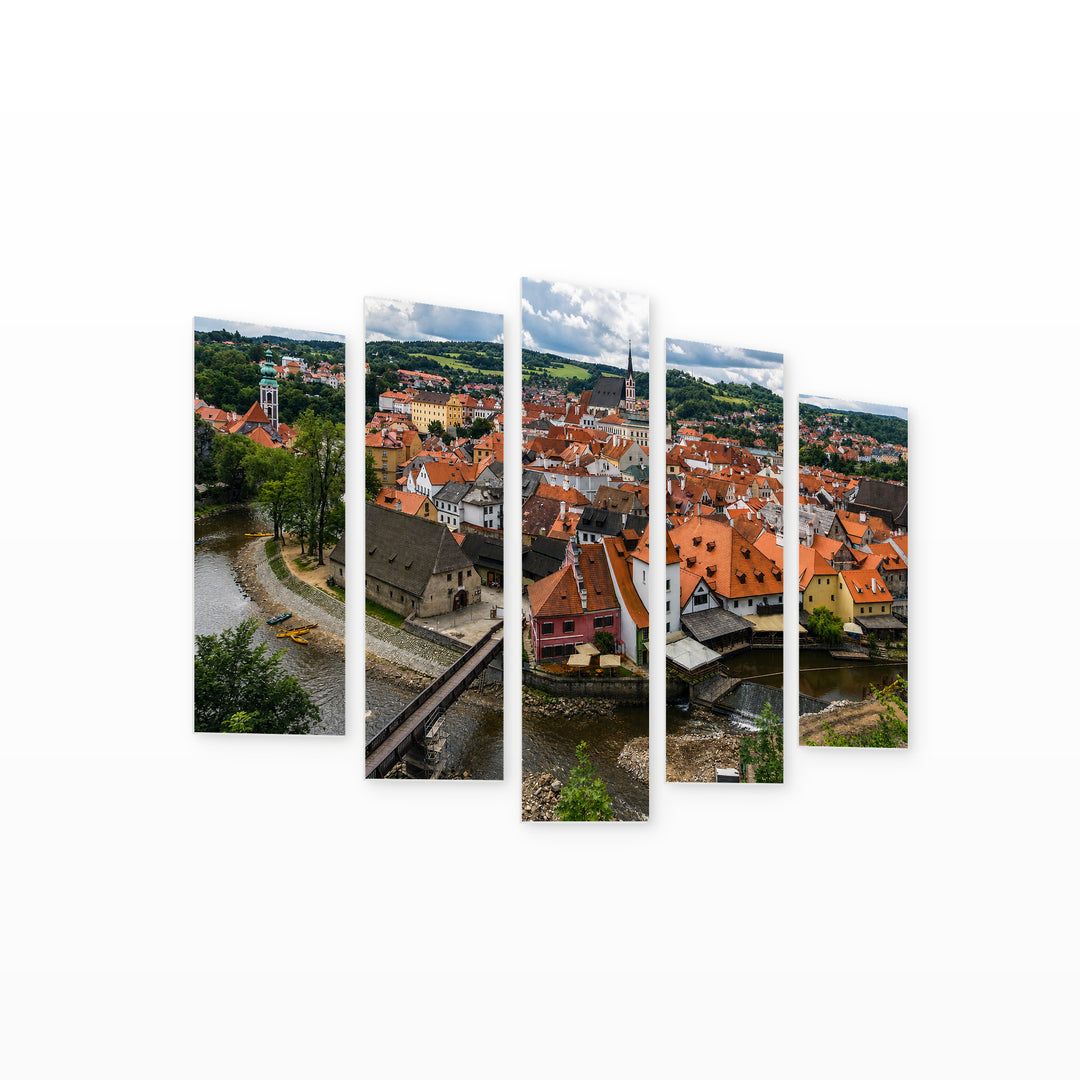 View of Český Krumlov in Serene Light — five-panel wall art on white background in perspective | 5wallart 55985 M1