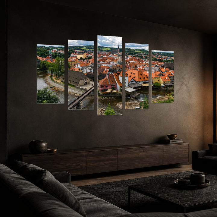 View of Český Krumlov in Serene Light — five-panel wall art in perspective interior | 5wallart 55985 M2