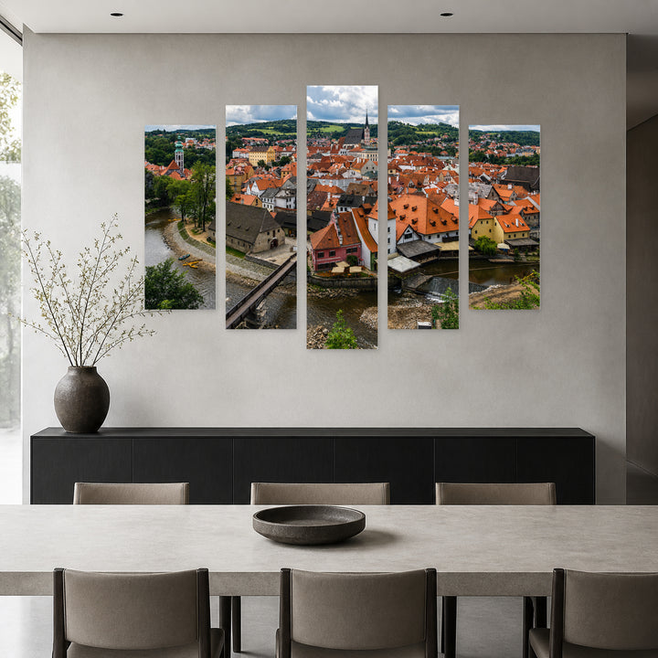 View of Český Krumlov in Serene Light — five-panel wall art in alternate frontal interior | 5wallart 55985 M4