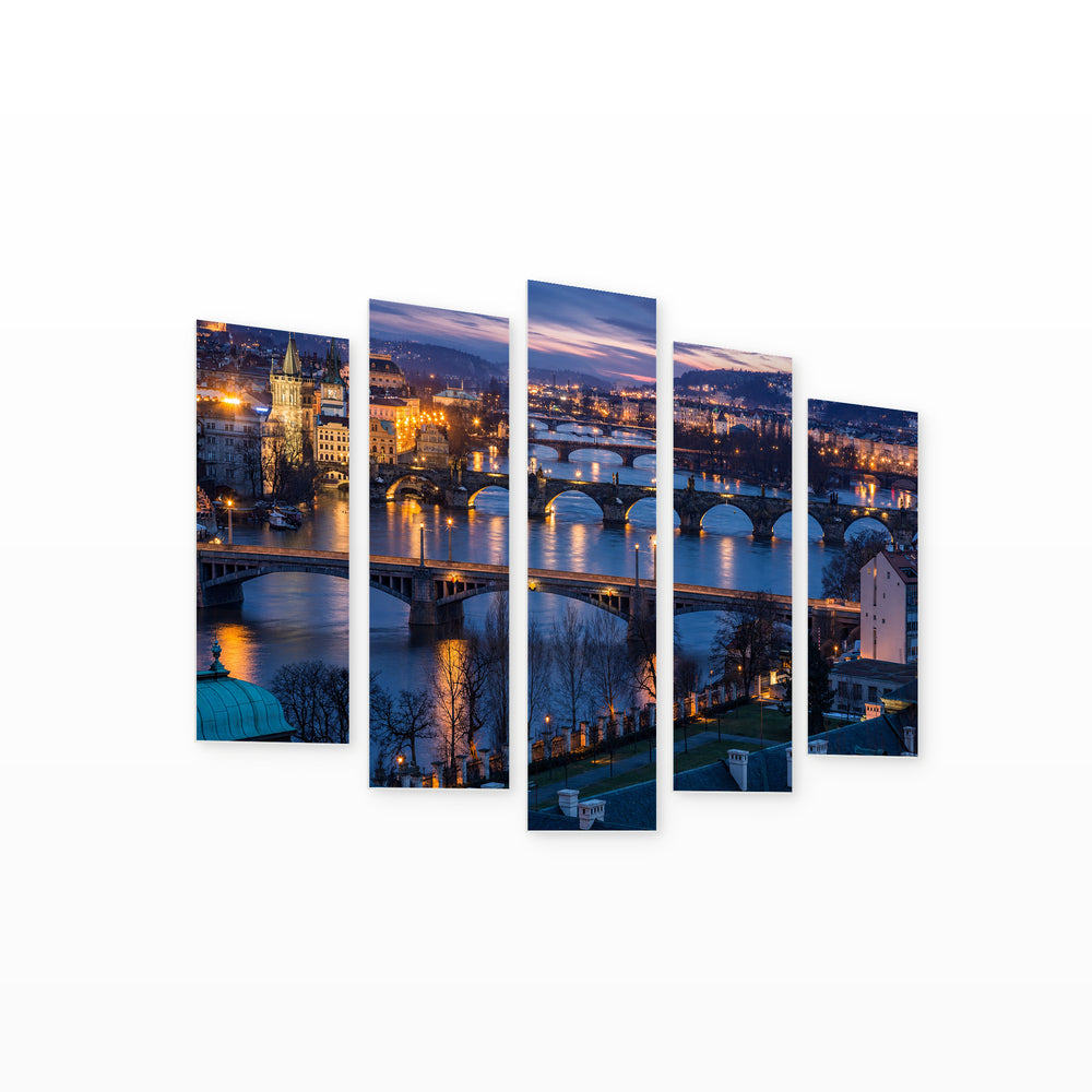 Prague at Dusk with Dreamlike Atmosphere — five-panel wall art on white background in perspective | 5wallart 55986 M1