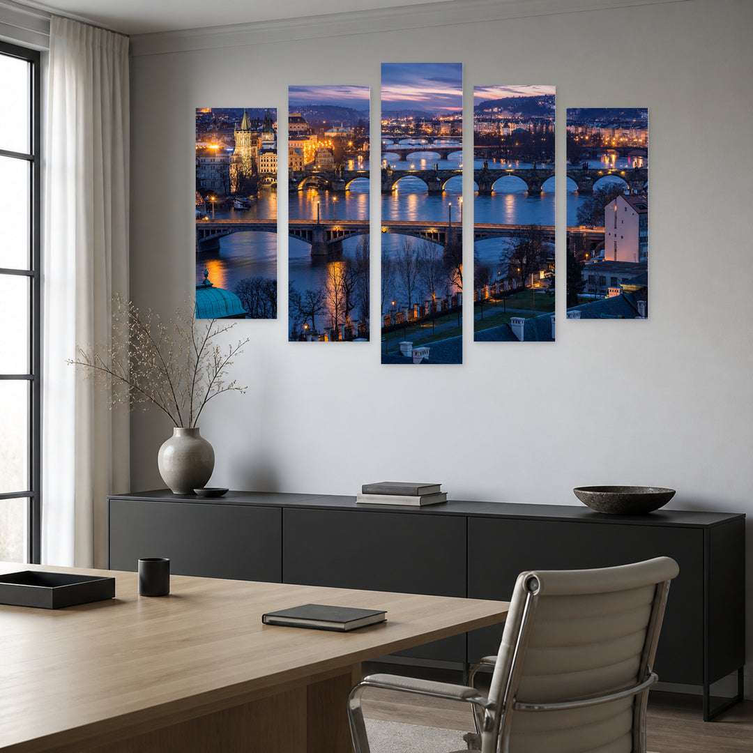 Prague at Dusk with Dreamlike Atmosphere — five-panel wall art in frontal interior | 5wallart 55986 M3