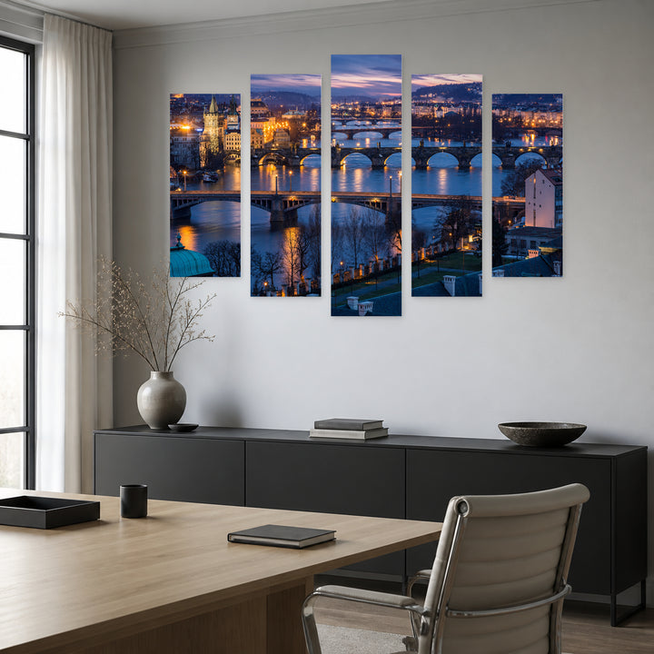 Prague at Dusk with Dreamlike Atmosphere — five-panel wall art in frontal interior | 5wallart 55986 M3