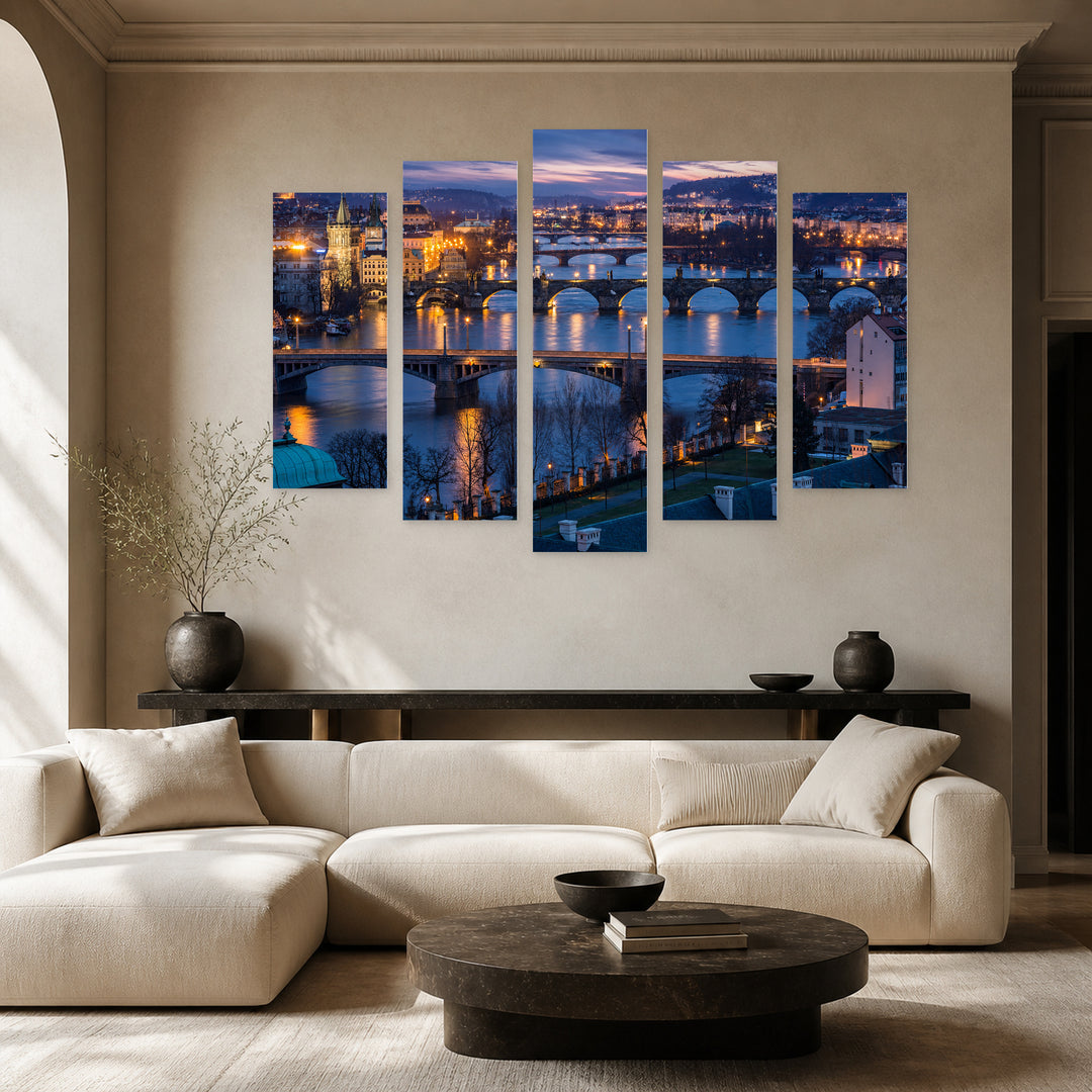 Prague at Dusk with Dreamlike Atmosphere — five-panel wall art in alternate frontal interior | 5wallart 55986 M4