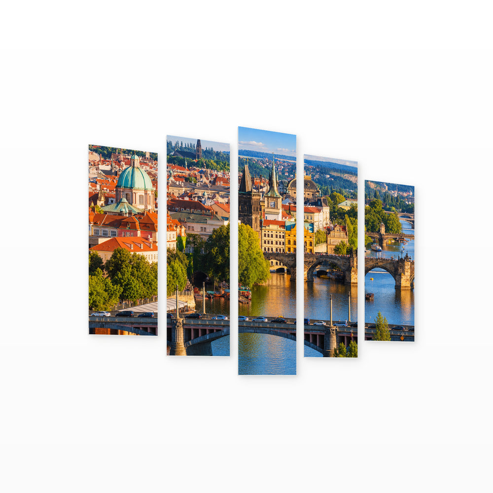 Bridges of Prague at Golden Sunset — five-panel wall art on white background in perspective | 5wallart 55988 M1