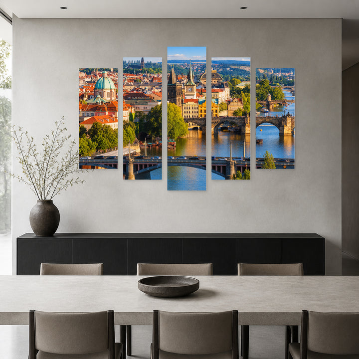 Bridges of Prague at Golden Sunset — five-panel wall art in frontal interior | 5wallart 55988 M3