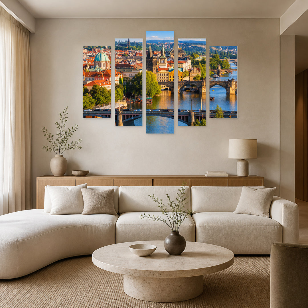 Bridges of Prague at Golden Sunset — five-panel wall art in alternate frontal interior | 5wallart 55988 M4