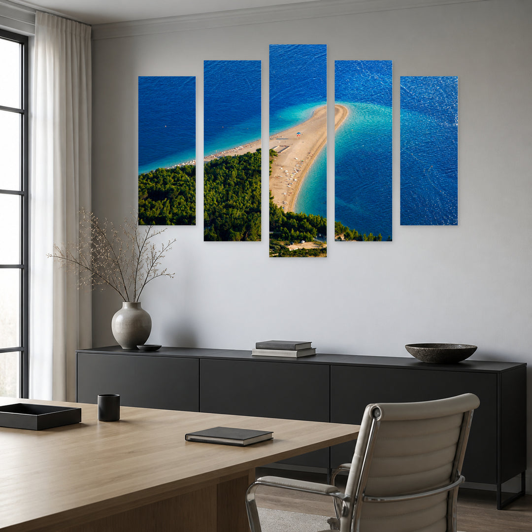 Croatian Beach with Golden Sands with Dreamlike Atmosphere — five-panel wall art in alternate frontal interior | 5wallart 55991 M4