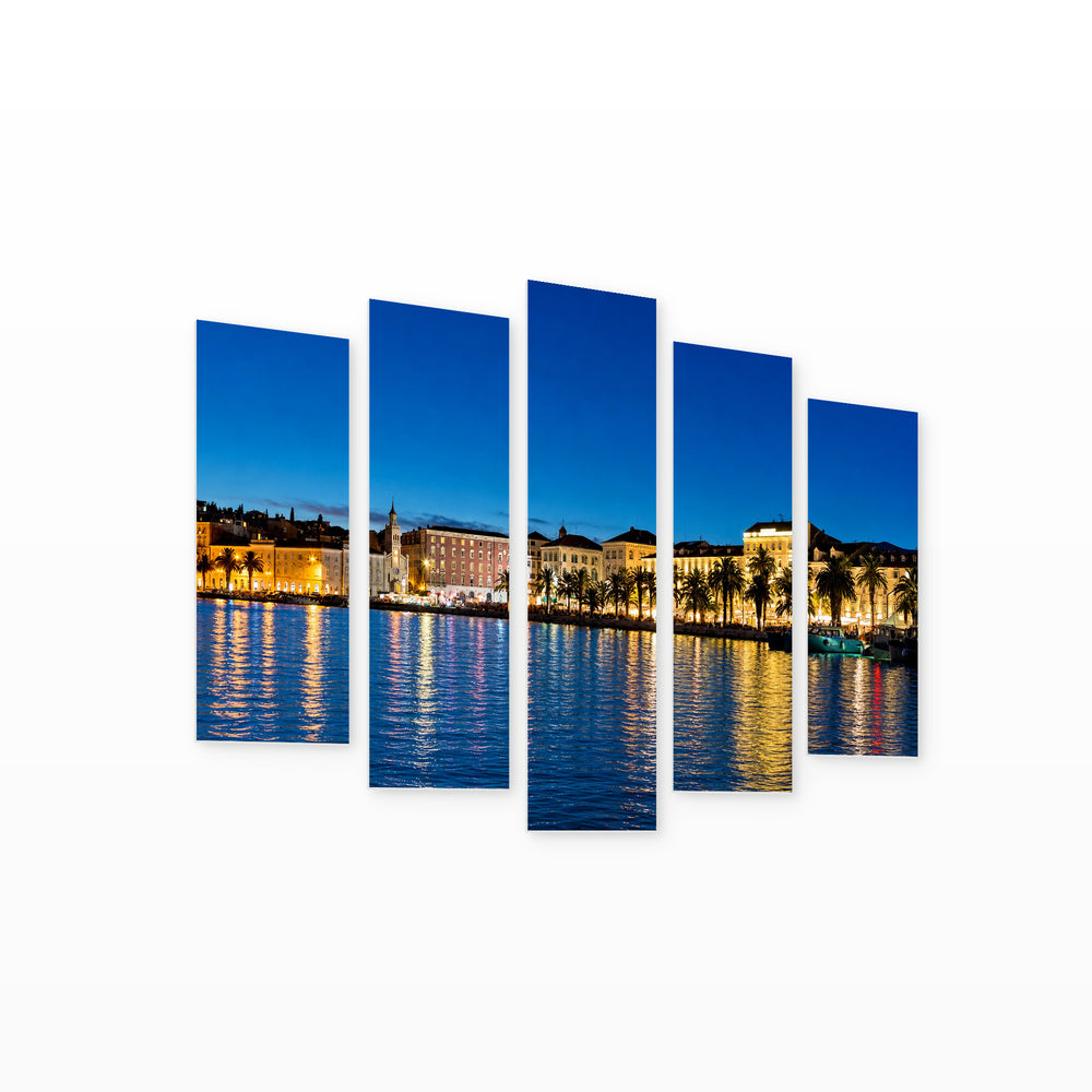 Evening Panorama of the Split Coast — five-panel wall art on white background in perspective | 5wallart 55992 M1