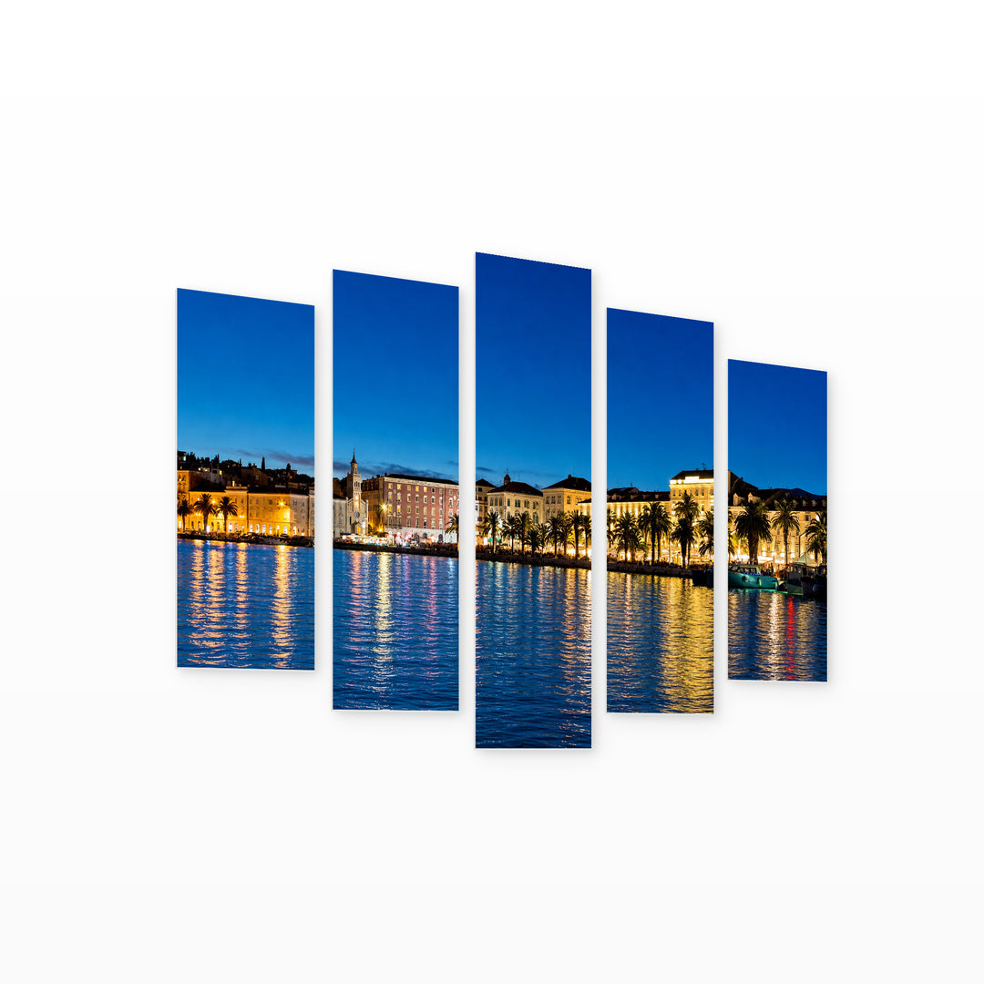Evening Panorama of the Split Coast — five-panel wall art on white background in perspective | 5wallart 55992 M1