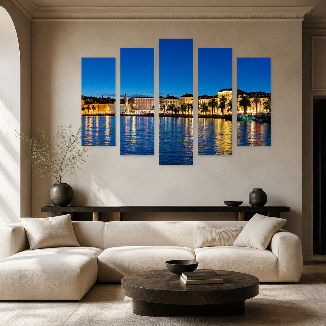 Evening Panorama of the Split Coast — five-panel wall art in alternate frontal interior | 5wallart 55992 M4