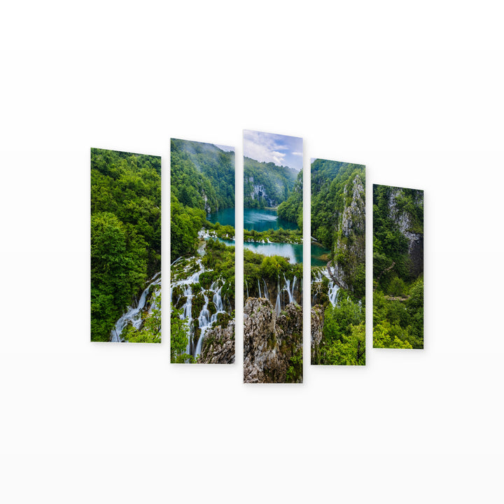 Plitvice Lakes, Croatia in Vivid Color — five-panel wall art on white background in perspective | 5wallart 55994 M1