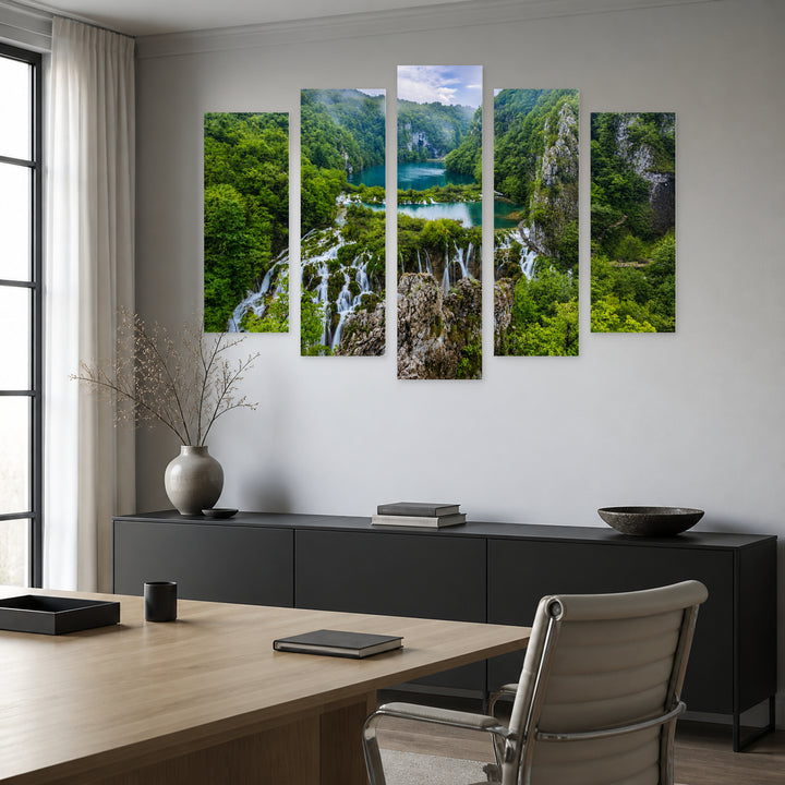 Plitvice Lakes, Croatia in Vivid Color — five-panel wall art in frontal interior | 5wallart 55994 M3
