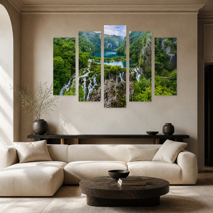 Plitvice Lakes, Croatia in Vivid Color — five-panel wall art in alternate frontal interior | 5wallart 55994 M4