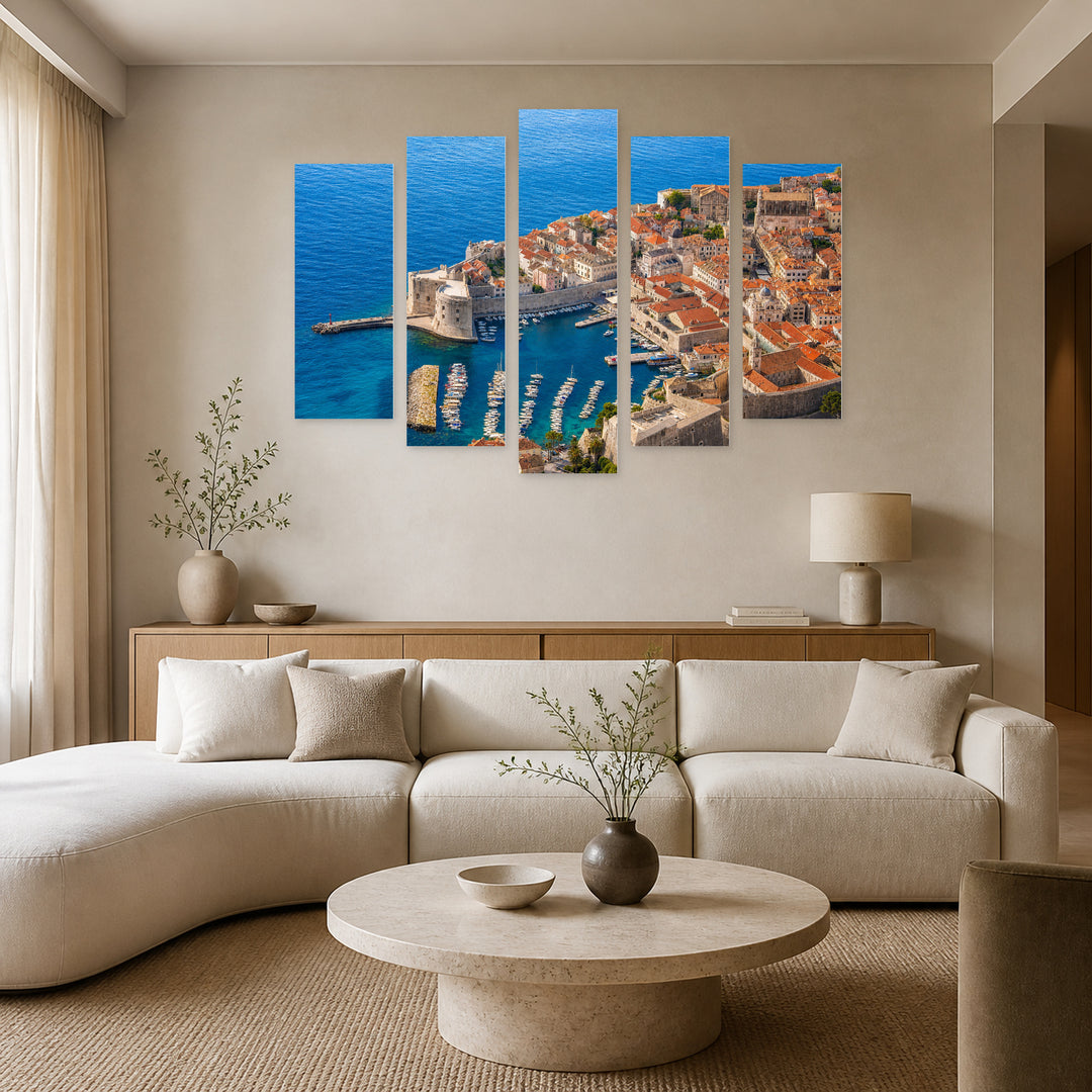 Aerial View of Dubrovnik in Serene Light — five-panel wall art in frontal interior | 5wallart 55995 M3