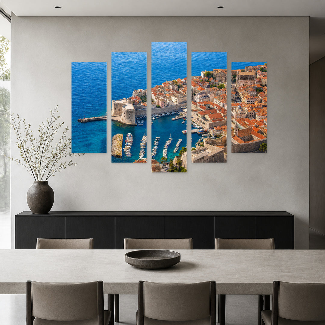 Aerial View of Dubrovnik in Serene Light — five-panel wall art in alternate frontal interior | 5wallart 55995 M4