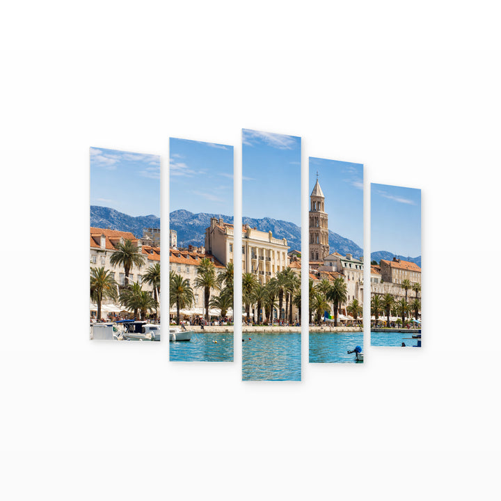 Split, Croatia in Blue and Gold — five-panel wall art on white background in perspective | 5wallart 55996 M1