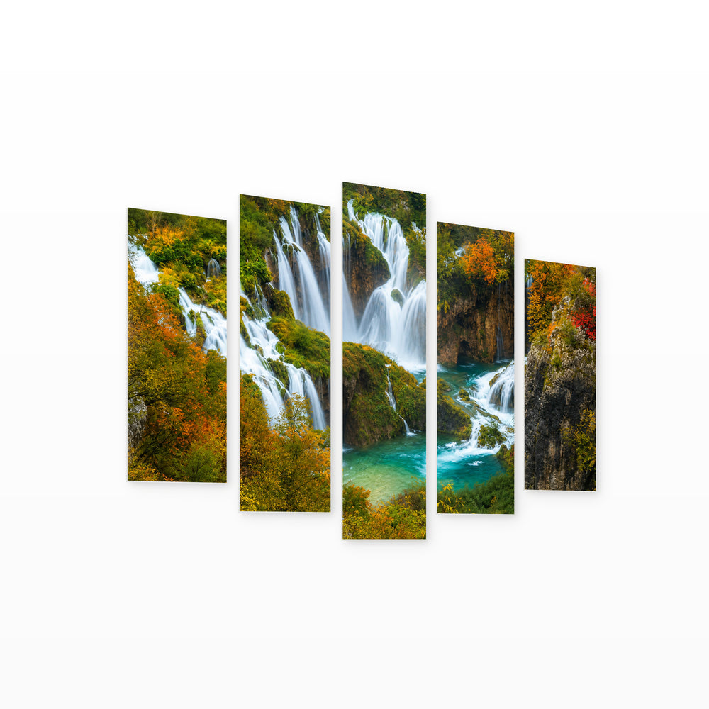 Waterfalls of Plitvice National Park in Serene Light — five-panel wall art on white background in perspective | 5wallart 55997 M1