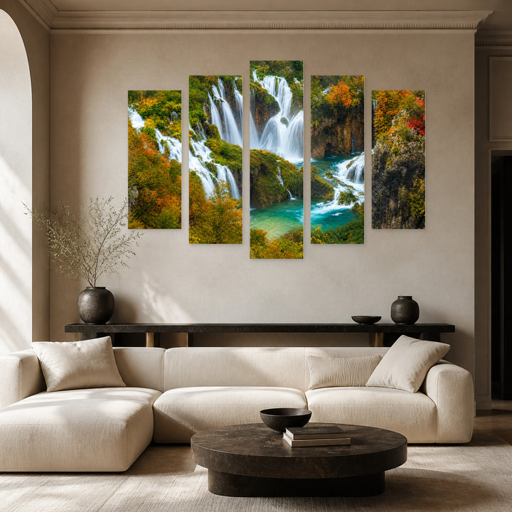 Waterfalls of Plitvice National Park in Serene Light — five-panel wall art in frontal interior | 5wallart 55997 M3