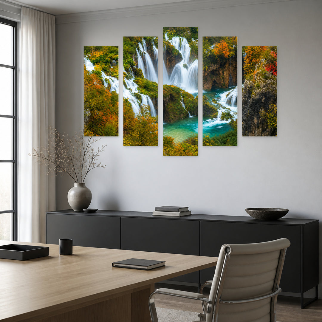 Waterfalls of Plitvice National Park in Serene Light — five-panel wall art in alternate frontal interior | 5wallart 55997 M4