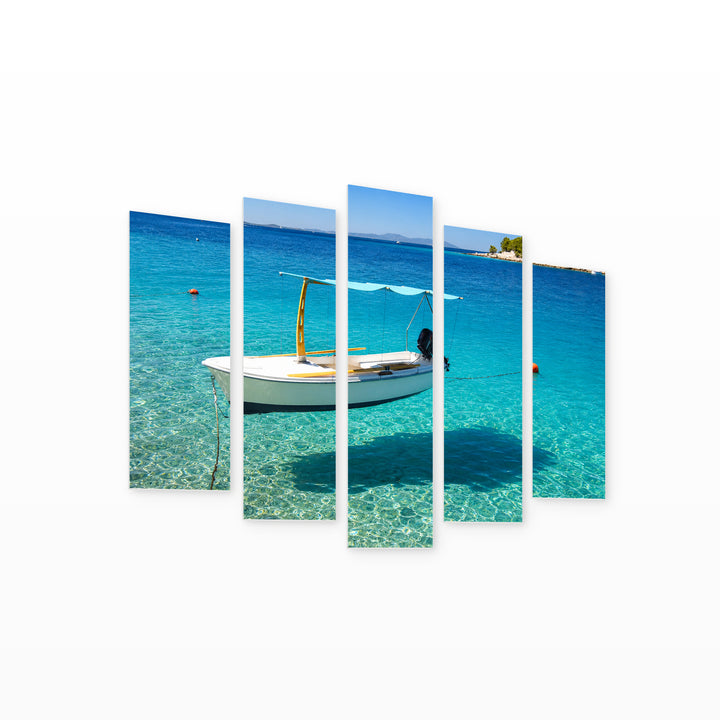 Boats in a Quiet Bay Coastal Panorama — five-panel wall art on white background in perspective | 5wallart 56000 M1