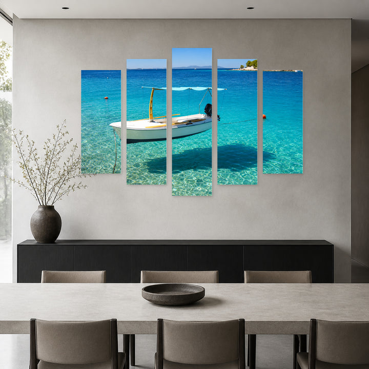 Boats in a Quiet Bay Coastal Panorama — five-panel wall art in frontal interior | 5wallart 56000 M3