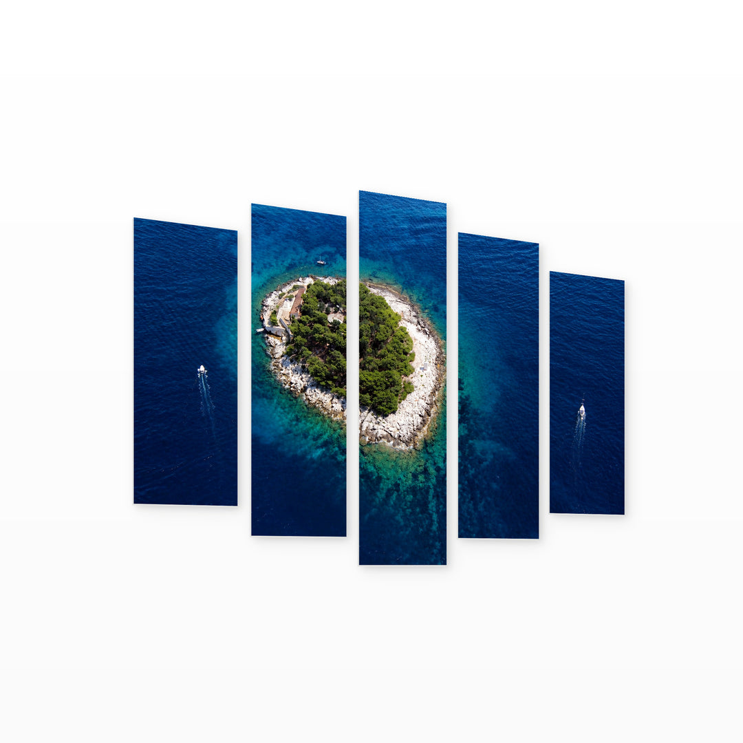 Galesnik Island with Geometric Rhythm — five-panel wall art on white background in perspective | 5wallart 56001 M1