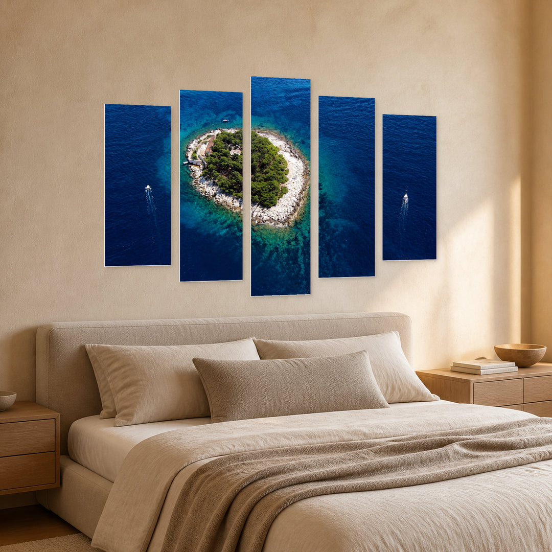 Galesnik Island with Geometric Rhythm — five-panel wall art in perspective interior | 5wallart 56001 M2