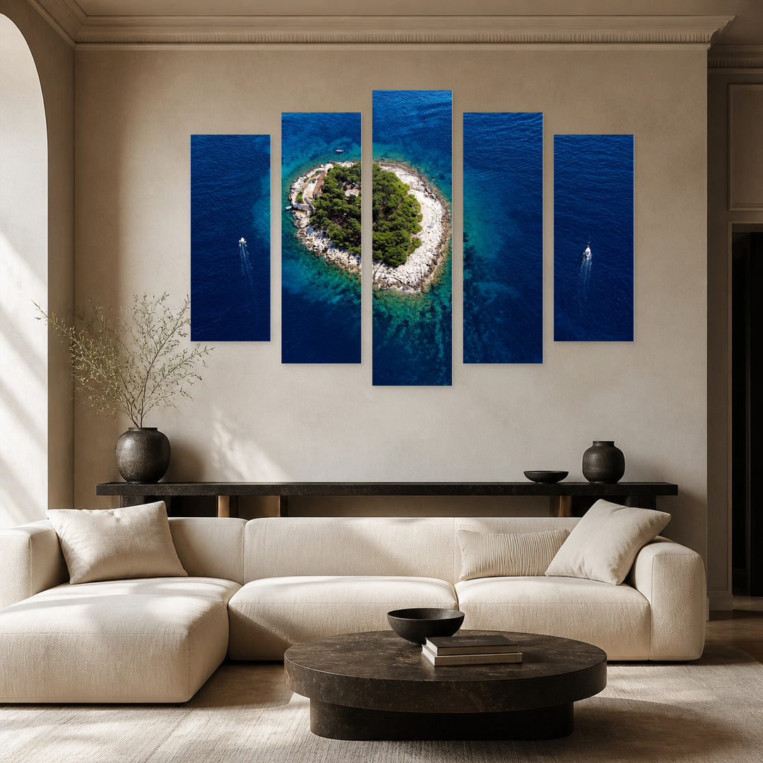 Galesnik Island with Geometric Rhythm — five-panel wall art in frontal interior | 5wallart 56001 M3