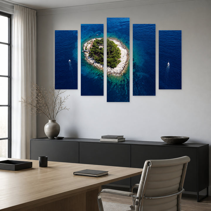 Galesnik Island with Geometric Rhythm — five-panel wall art in alternate frontal interior | 5wallart 56001 M4