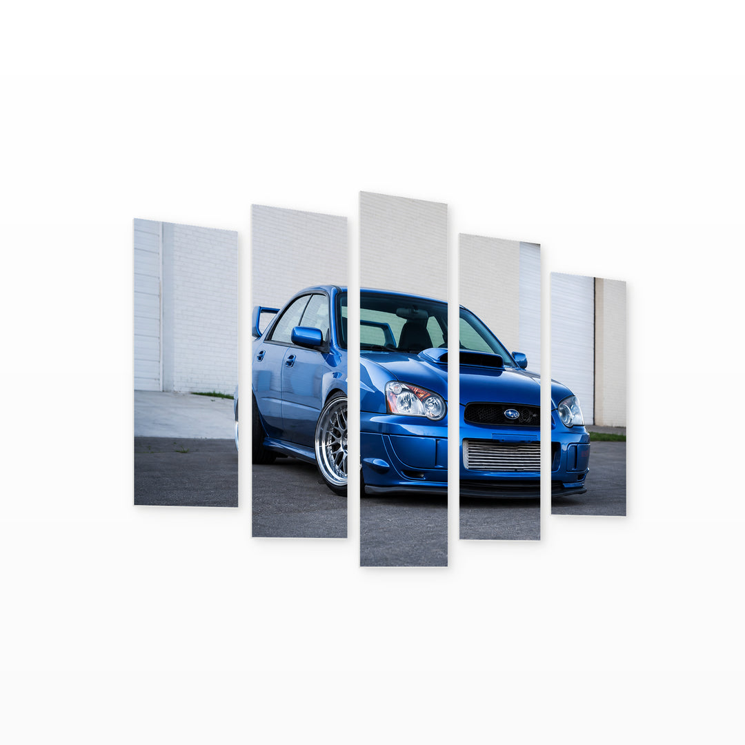 Subaru Impreza Blue Motion Study — five-panel wall art on white background in perspective | 5wallart 56009 M1