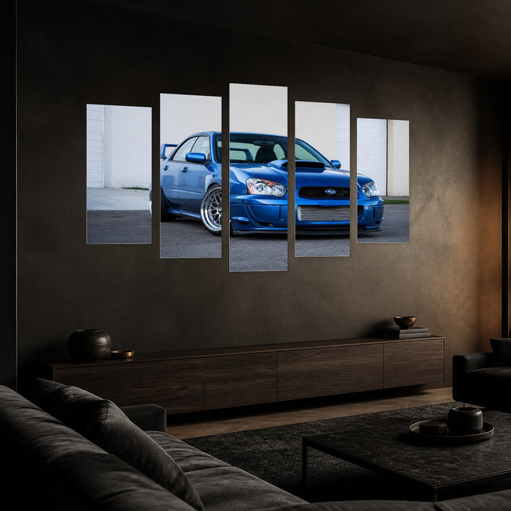 Subaru Impreza Blue Motion Study — five-panel wall art in perspective interior | 5wallart 56009 M2